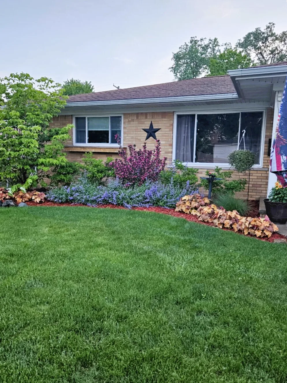 Mature Grounded-designed garden bed with catmint, coral bells, and shrubs along a brick home